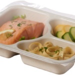 Compostable Tray with Salmon Zucchini and Noodles, sealed