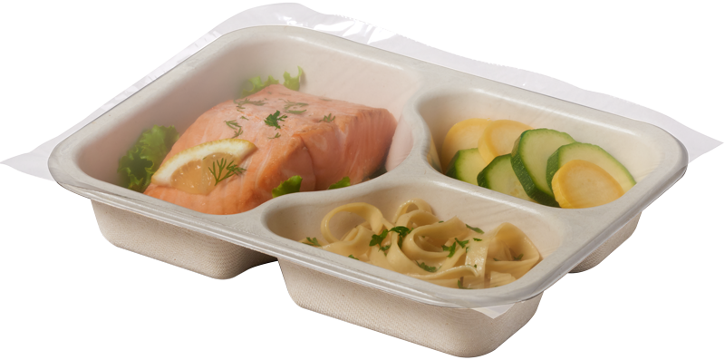 Compostable Tray with Salmon Zucchini and Noodles, sealed