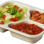 Compostable Tray with Taco Salad Salsa Beans Rice, uncovered