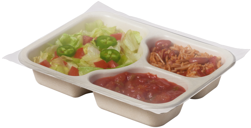 Compostable Tray with Taco Salad Salsa Beans Rice, sealed