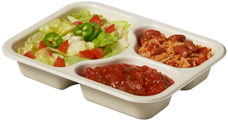 Compostable Tray with Taco Salad Salsa Beans Rice, uncovered