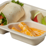Compostable Tray with Veggie Wrap Cheese and Apples, uncovered