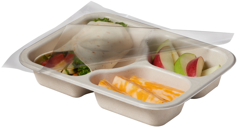 Compostable Tray with Veggie Wrap Cheese and Apples, with film being peeled off