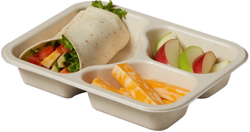 Compostable Tray with Veggie Wrap Cheese and Apples, uncovered