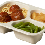 Compostable food tray with Spaghetti & Meatballs Beans Fruit