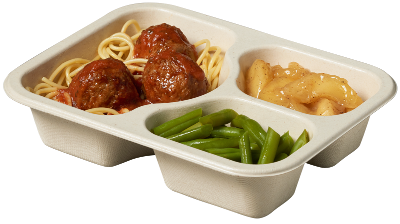 Compostable food tray with Spaghetti & Meatballs Beans Fruit