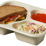 Compostable food tray with Turkey Sandwich Coleslaw Jello