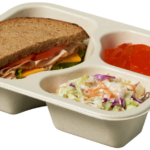 Compostable food tray with Turkey Sandwich Coleslaw Jello