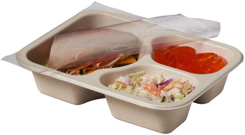 Compostable food tray with Turkey Sandwich Coleslaw Jello, with film peeled back