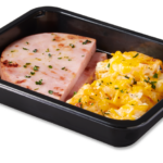 Plastic food tray with Ham Au Gratin Potatoes