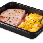 Plastic food tray with Ham Au Gratin Potatoes