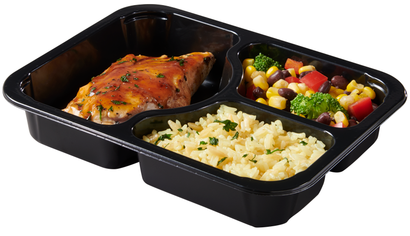 Plastic food tray with BBQ Chicken Veggies Rice