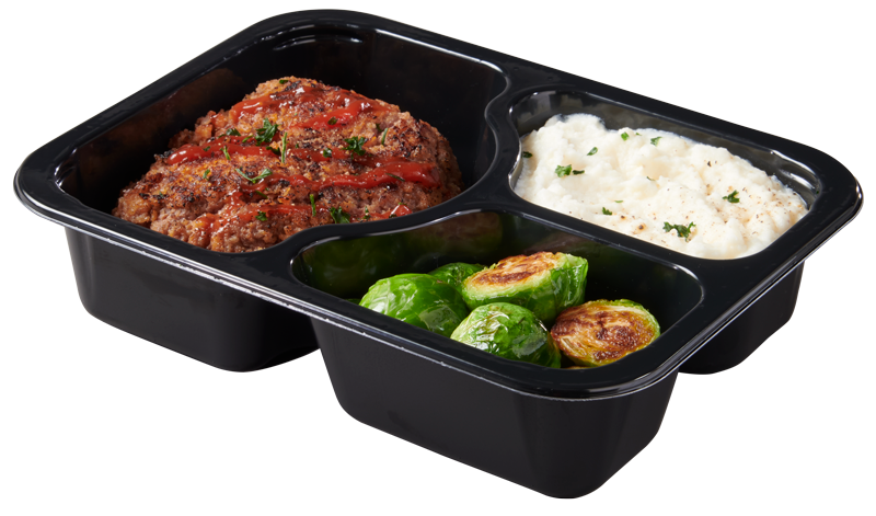 Plastic food tray with Meatloaf Mashed Potatoes Brussel Sprouts