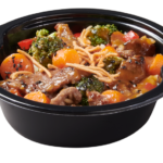 Plastic food bowl with Beef Broccoli Noodles