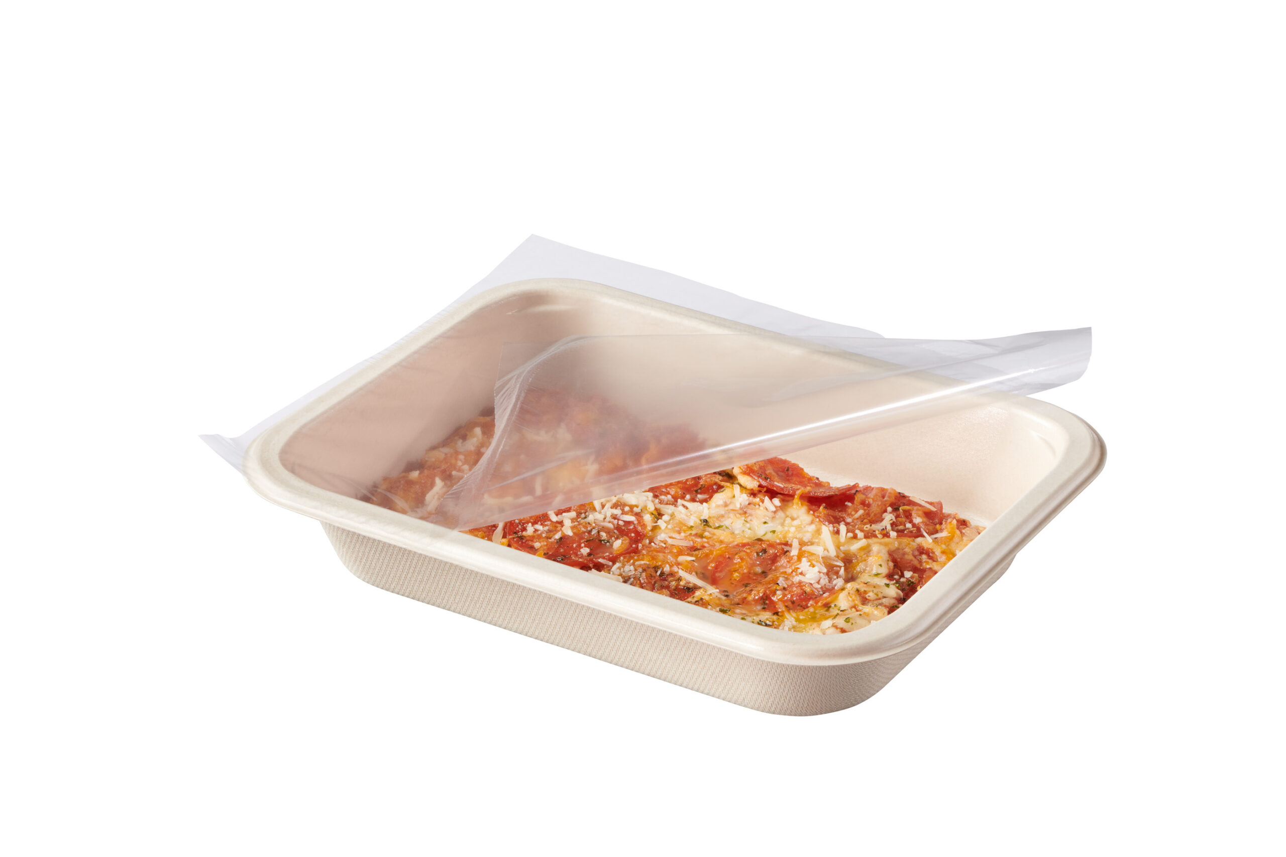 Compostable Food Tray with Pizza, showing film being peeled off