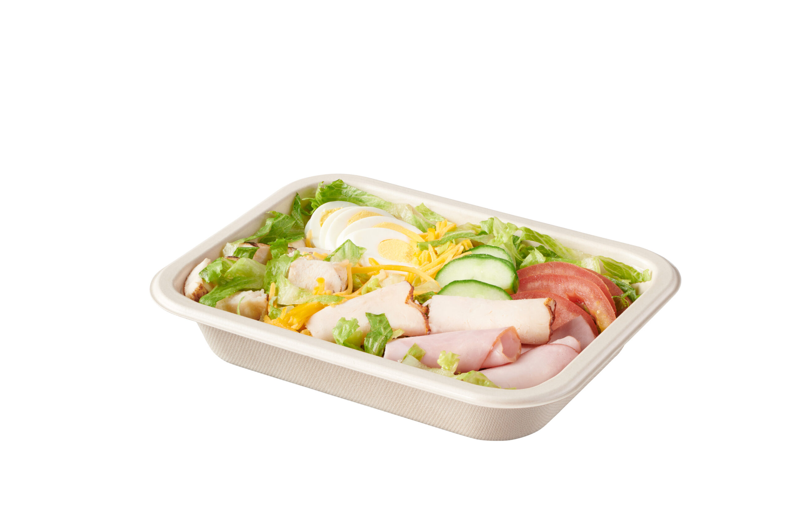 Compostable Tray with chef salad, uncovered