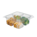Clear plastic 4 compartment food tray with apples, broccoli, pretzel goldfish crackers and turkey and cheese, covered with film to seal