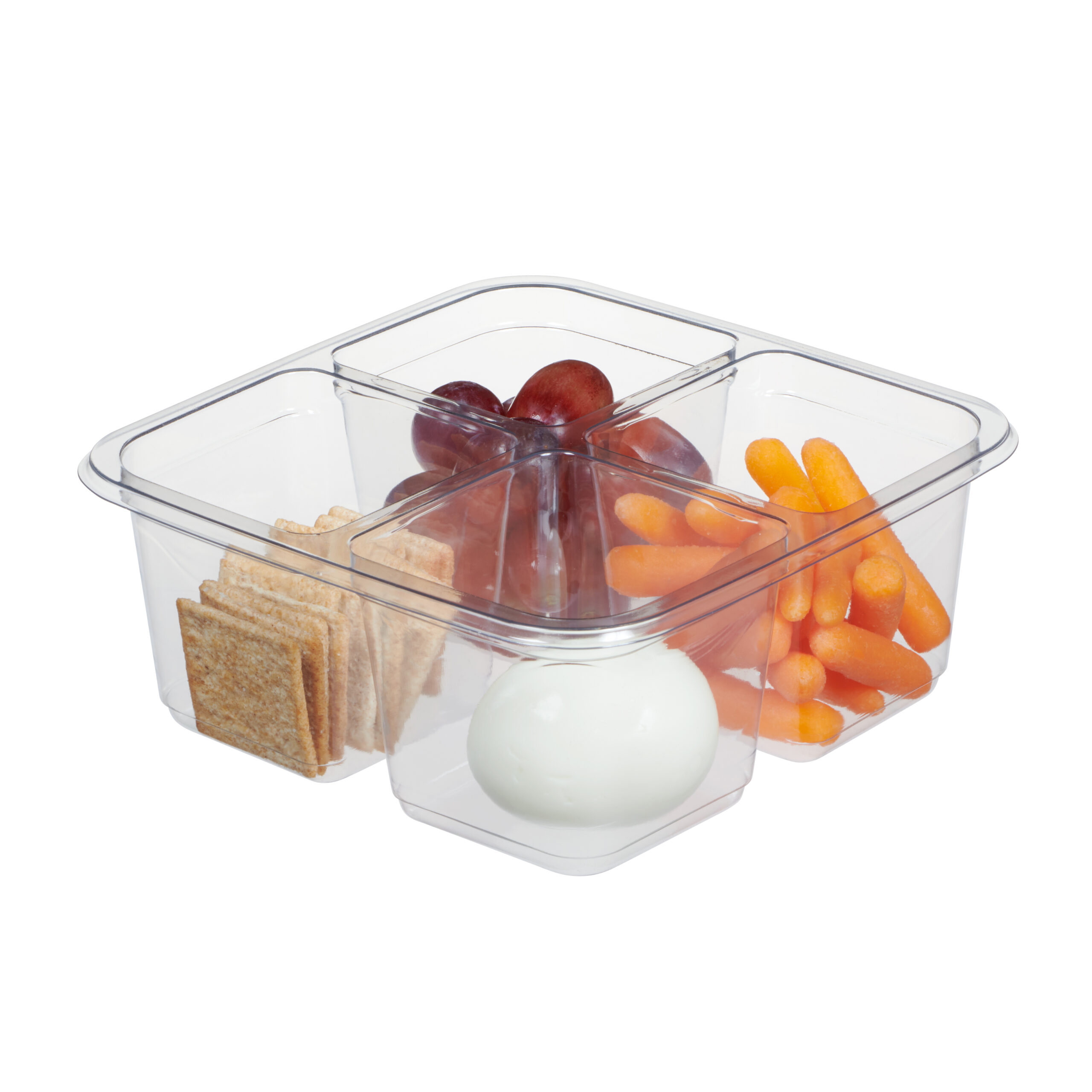 Clear plastic 4 compartment food tray with grapes, carrots, crackers and a hard-boiled egg