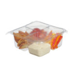 Clear plastic 4 compartment food tray with hummus, red peppers, crackers and strawberries, covered with film to seal