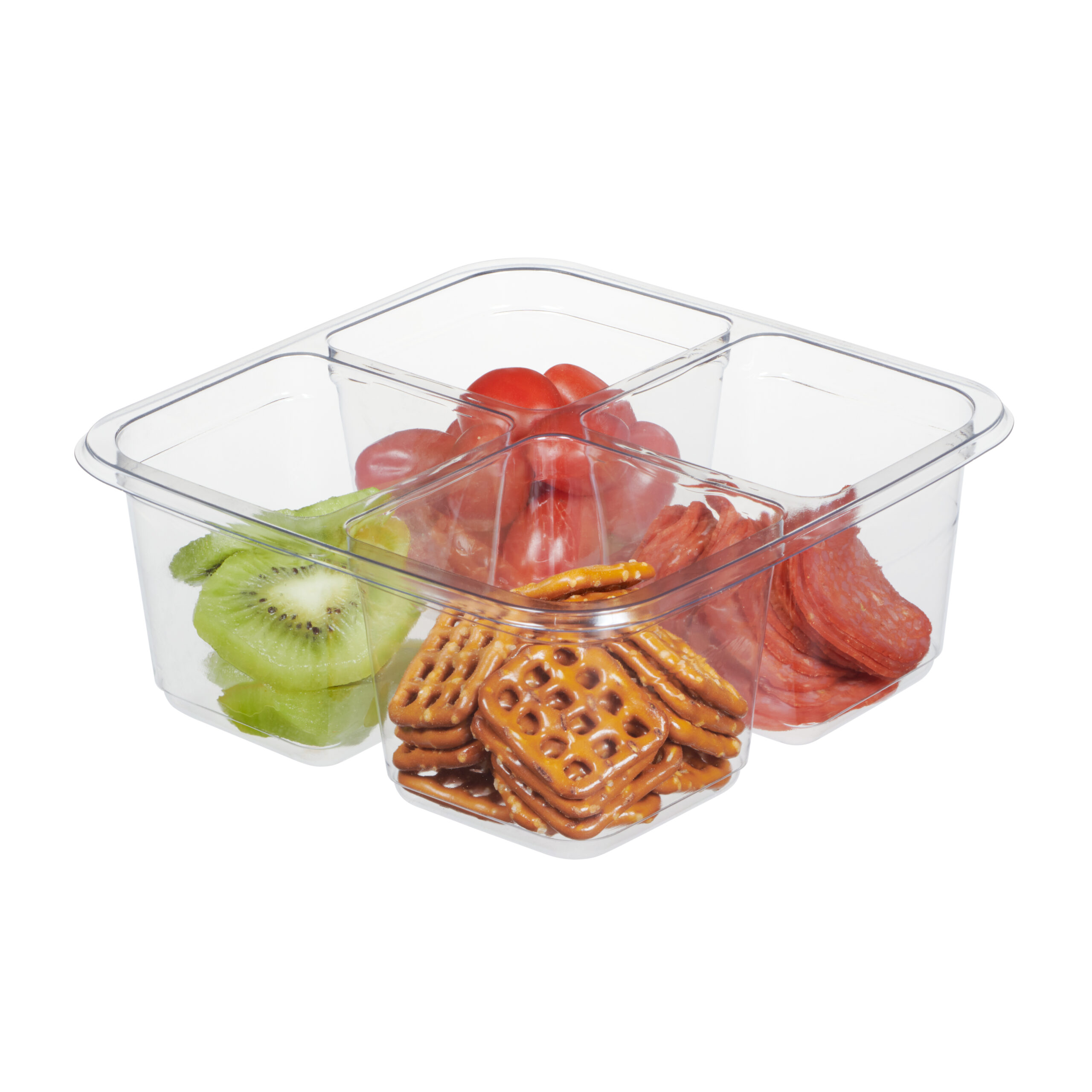 Clear plastic 4 compartment food tray with kiwi, pretzels, pepperoni and grape tomatoes