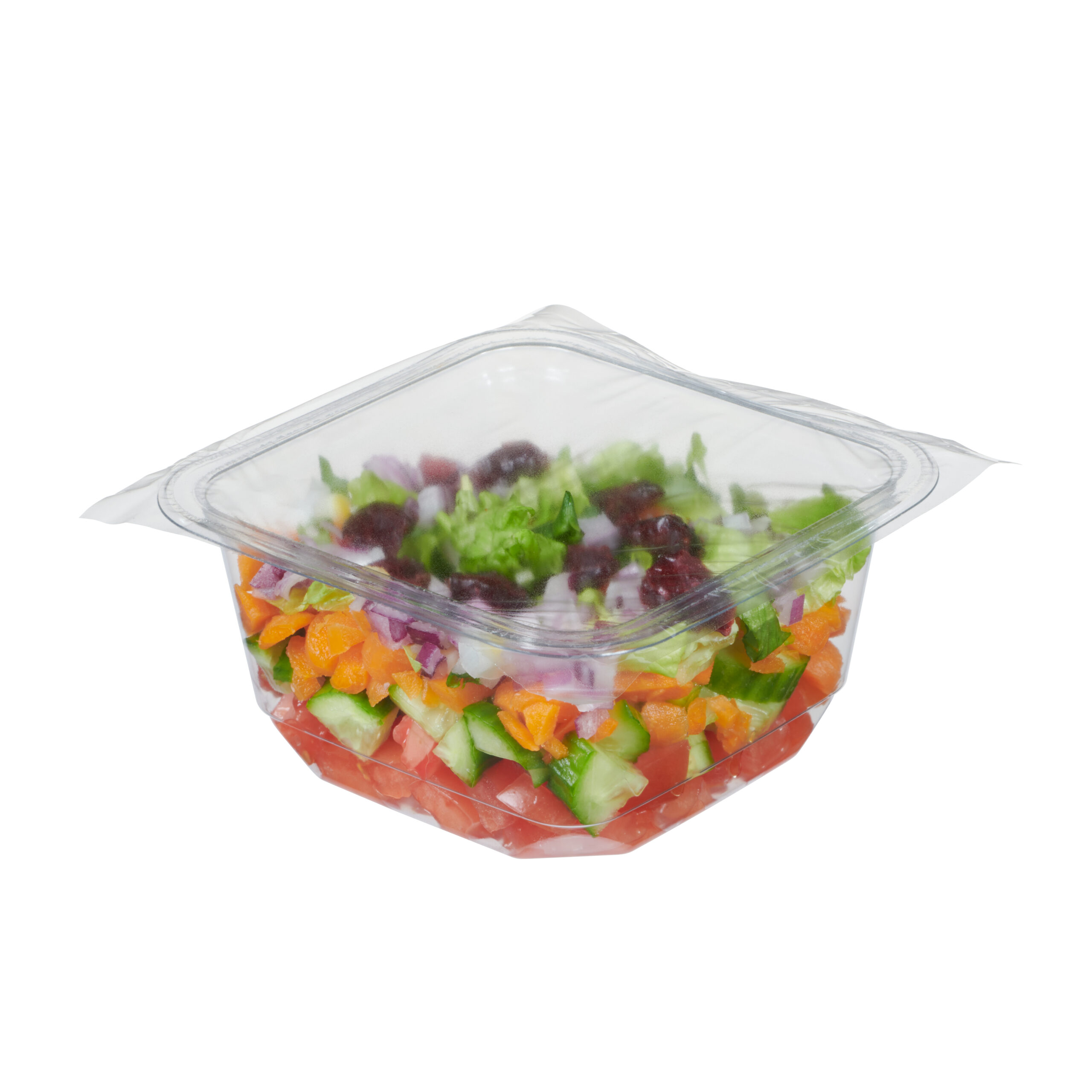 Clear plastic food tray with a layered salad, sealed with film
