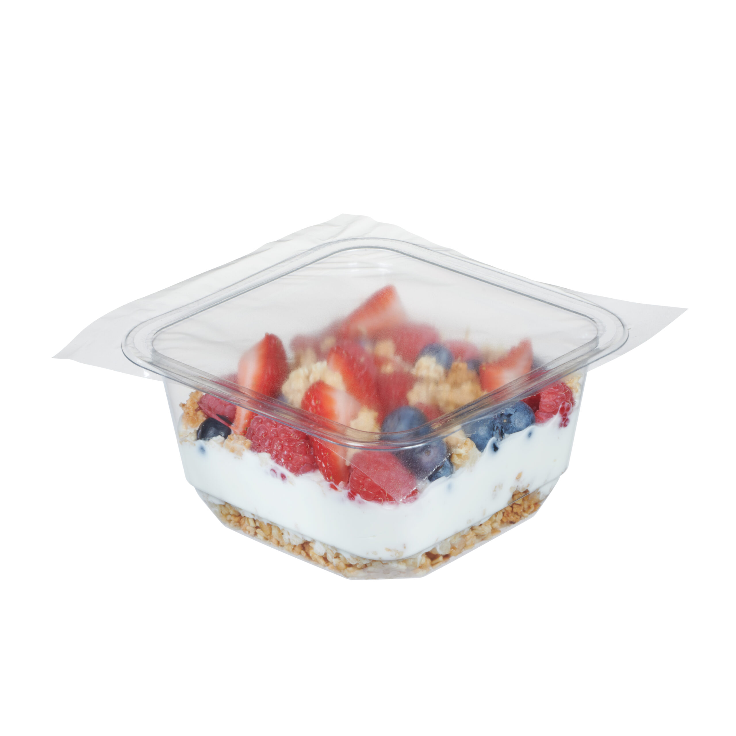 Clear plastic food tray with a yogurt parfait, sealed with film