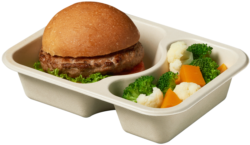 Compostable food tray with Chicken Patty Sandwich Veggies