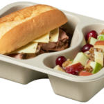 Compostable food tray with Roast Beef Sandwich Apple Salad