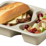 Compostable food tray with Roast Beef Sandwich Apple Salad