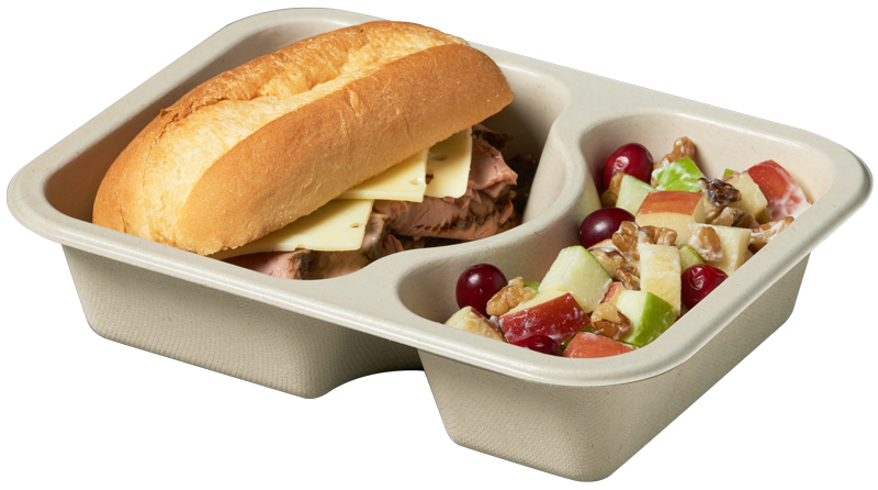 Compostable food tray with Roast Beef Sandwich Apple Salad