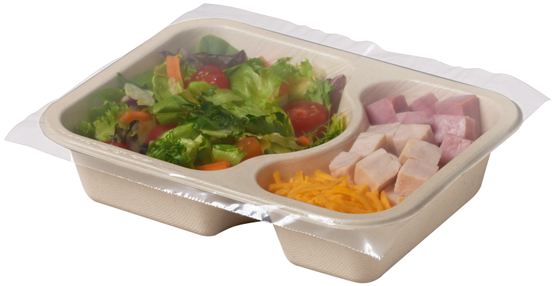 Compostable food tray with Salad Ham Cheese sealed