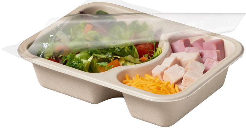 Compostable food tray with Salad Ham Cheese film peeled back