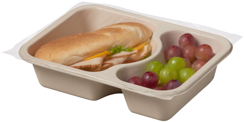 Compostable food tray with Turkey Hoagie Grapes sealed
