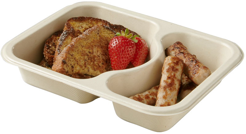 Compostable food tray with French Toast Sausage