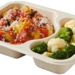 Compostable food tray with Ravioli Broccoli Cauliflower