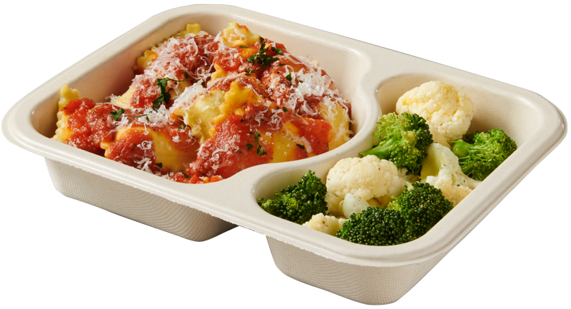 Compostable food tray with Ravioli Broccoli Cauliflower