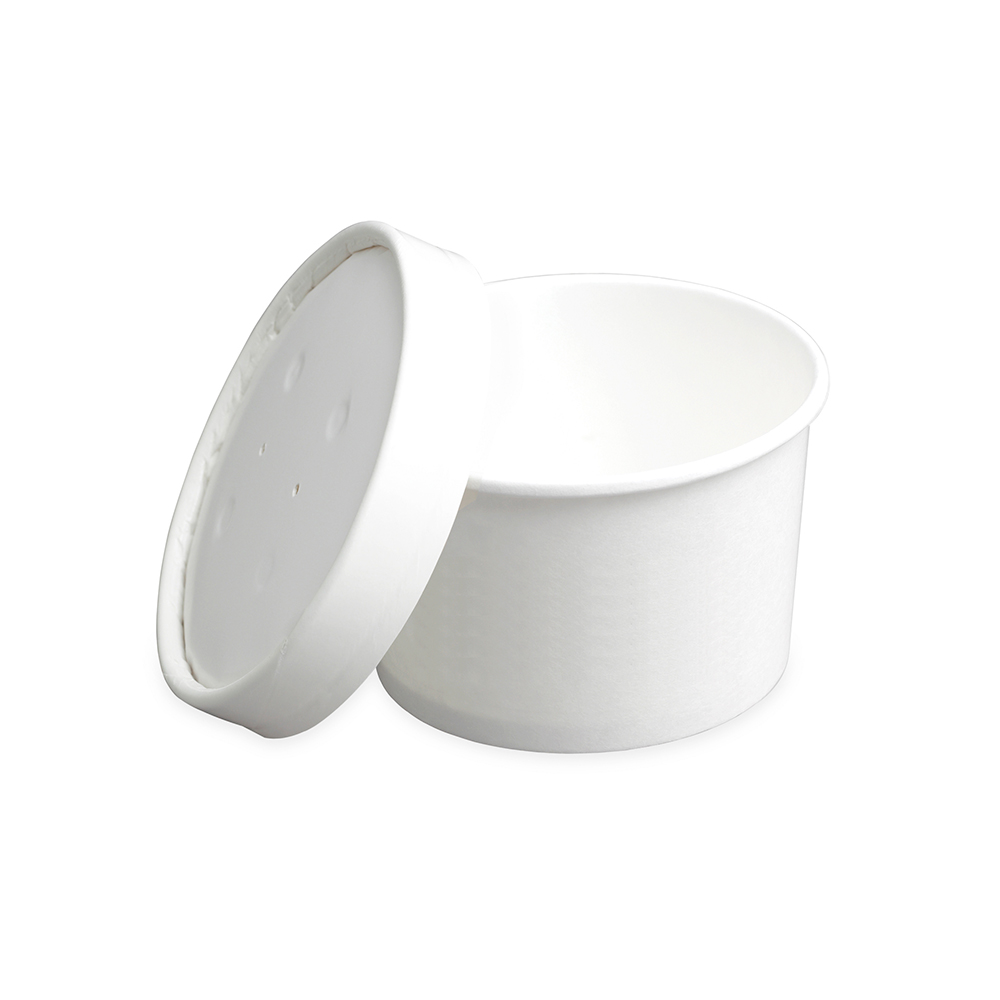 Paper soup cup with vented paper lid, empty