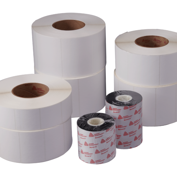 Stacks of label rolls and ribbons.