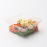 1 Compartment Plastic Cold Tray with Insert containing Veggies & 3 Hummus choices in ¾ side view