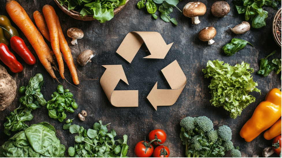 Grab and go section with ready-made food in eco-friendly meal trays and films, including compostable and recycled plastic options.